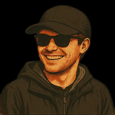 Illustrated portrait of Mike Chester in a cap and sunglasses, smiling